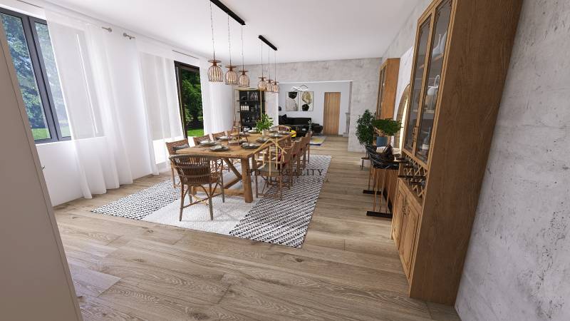 Étkező rész egy családi házban, fa mintázatú padlóval és nagy ablakkal.