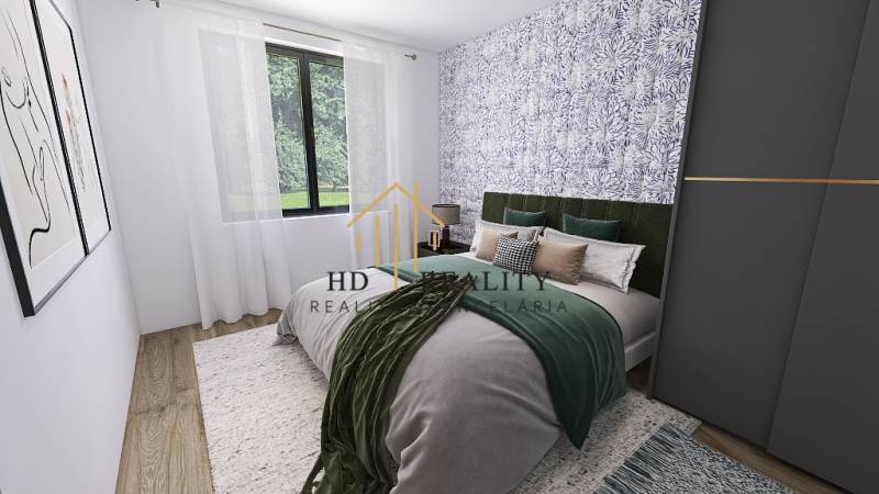 Hálószoba családi házban, ággyal, tapétával és fa dekorációjú padlóval.