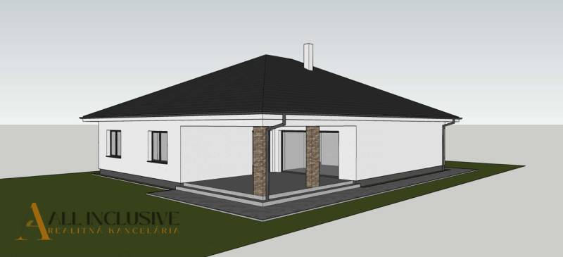 Családi ház látványterve Bajcsban sötét tetővel és terasszal.
