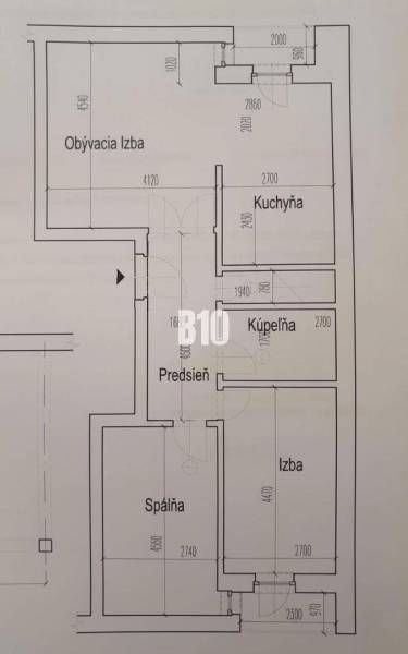 3 szobás lakás alaprajza: nappali, konyha, fürdőszoba, előszoba, szoba, hálószoba.