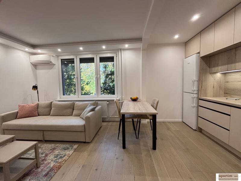 Nappali kanapéval, étkezőasztallal és konyhával egy kétszobás lakásban.