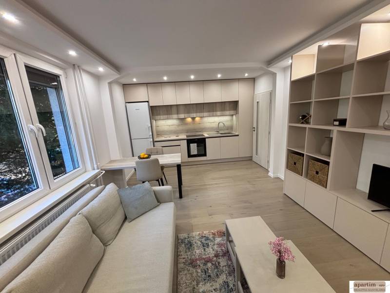 Nappali konyhával és fa dekoros padlóval egy kétszobás lakásban.