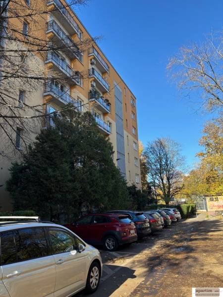 Többlakásos ház parkoló autókkal a Pozsonyi Zálužická utcában, Ružinov városrészben.