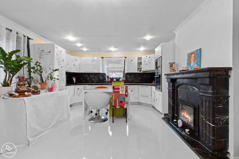 Családi ház konyhája kandallóval, fehér szekrényekkel és növényekkel, fa dekorációjú padlóval.