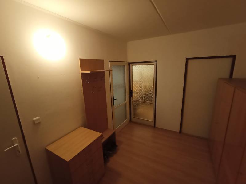 Megvilágított előszoba fa dekor padlóval, szekrénnyel, fogassal és üvegezett ajtókkal.