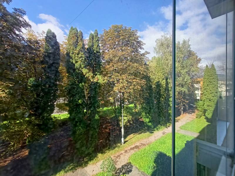 Kilátás a zöld fákra egy kétszobás lakásból a Severná utcában, Martinban.