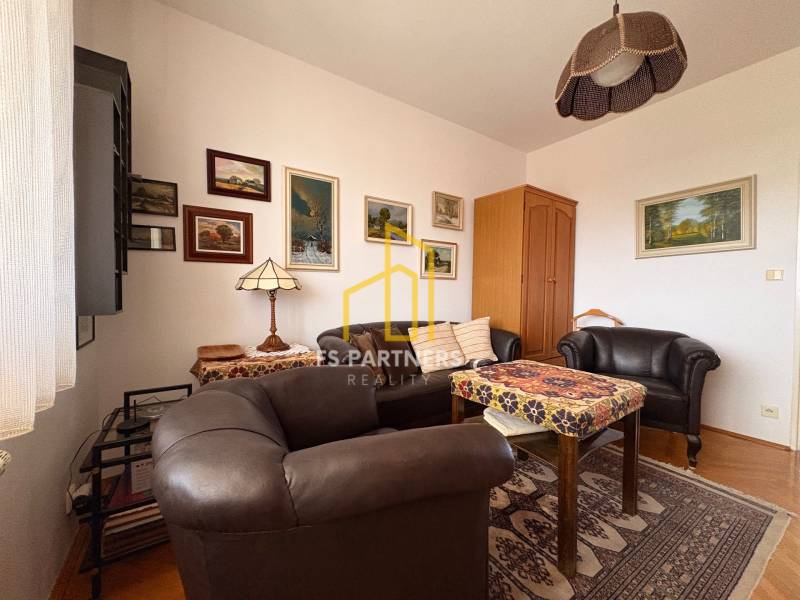 Öt vagy több szobás lakás bőr bútorokkal és fa dekorációjú padlóval.