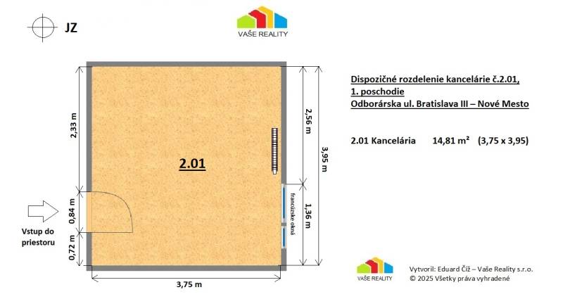 Az Odborárska utcai 2.01-es számú iroda alaprajza, Pozsony - Újváros, területe 14,81 m².