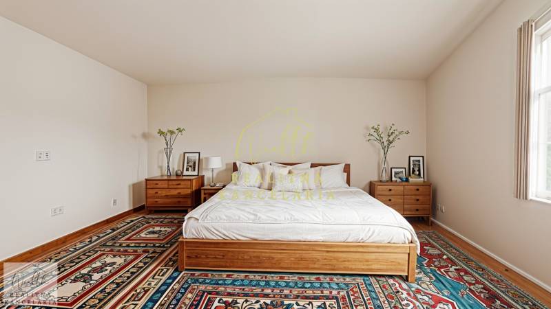 Hálószoba családi házban ággyal, éjjeliszekrényekkel és színes szőnyeggel.