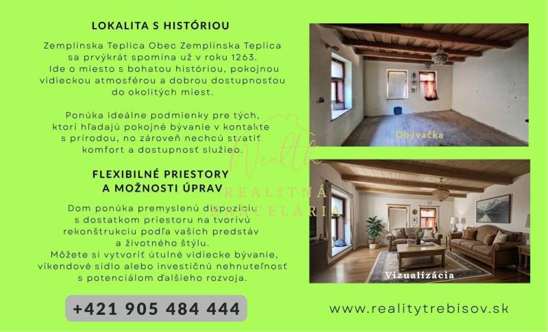 Családi ház elrendezése nappalival és berendezési vizualizációval, fa mennyezet.