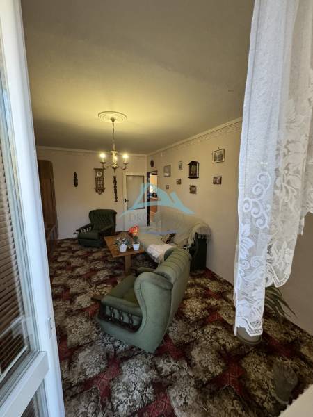 Nappali egy háromszobás lakásban zöld bútorokkal és dekoratív szőnyeggel.