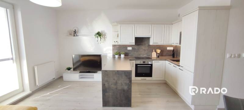 Nappali konyhasarokkal, világos padló fa dekorral egy kétszobás lakásban.