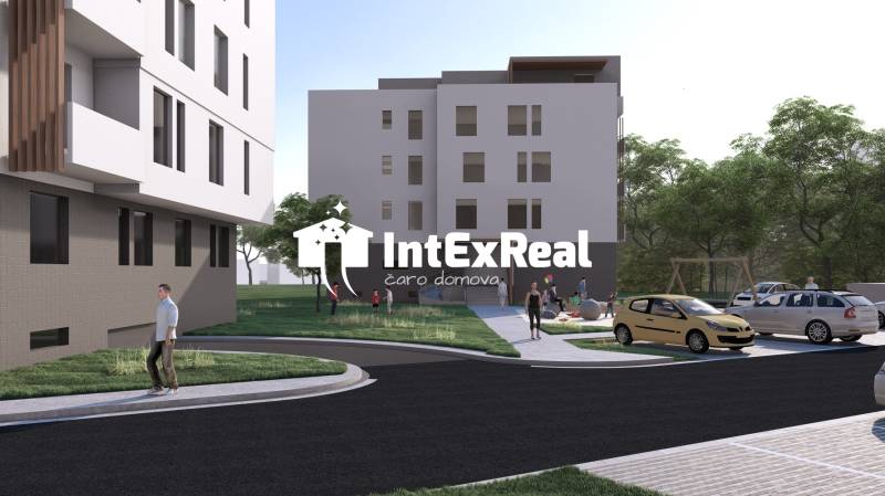 Épület Galántán, környék emberekkel, autókkal és játszótérrel, 2 szobás lakás kínálata.