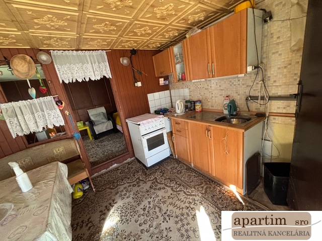 Konyha fa dekorációval, kanapéval és szőnyeggel a kertben.