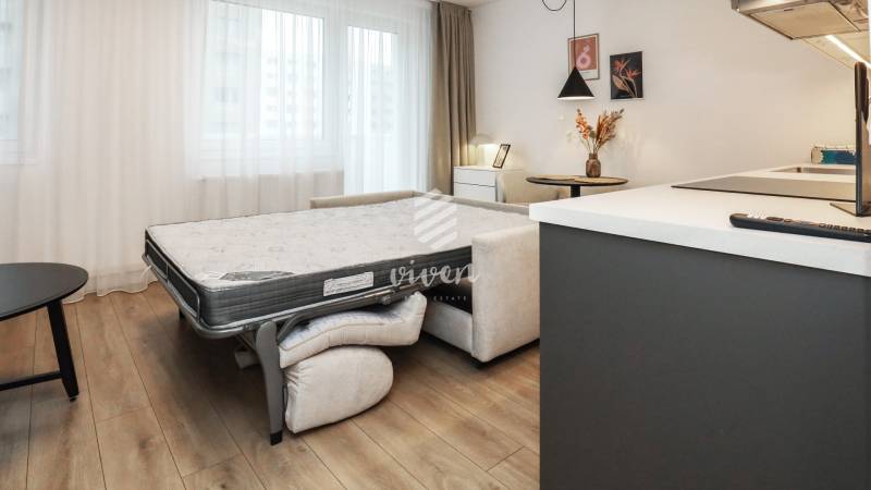 Szoba kinyitható kanapéval, fa dekorációjú padló, világos függönyök, 1 szobás lakás.