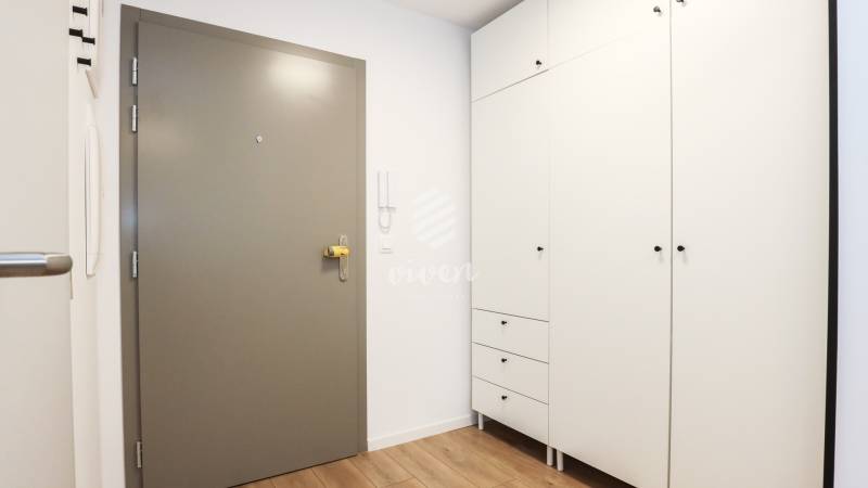 Előszoba egy egyszobás lakásban fehér szekrénnyel és fa dekoros padlóval.