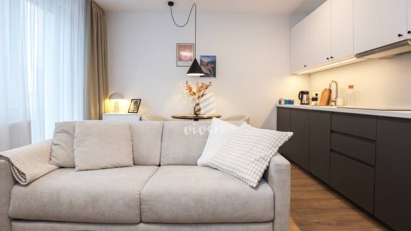 Nappali rész kanapéval és konyhasarokkal egy egyszobás lakásban, fa mintázatú padlóval.