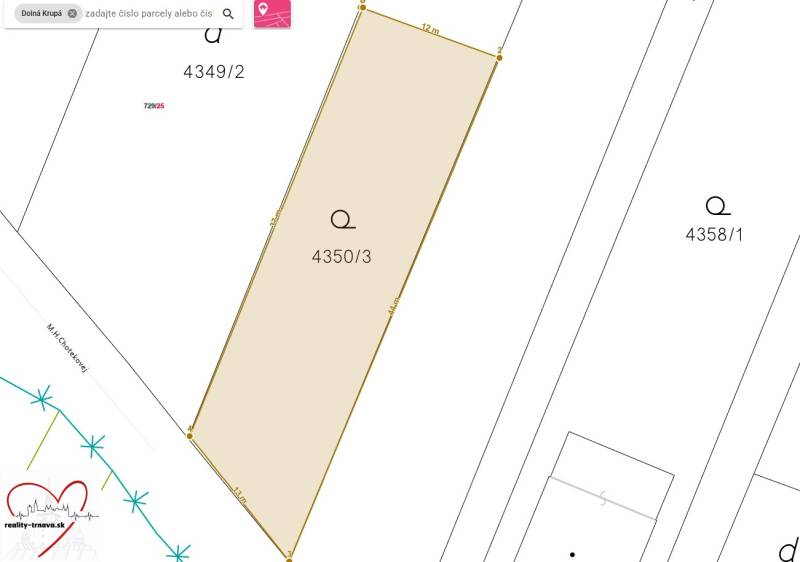 A M.H. Chvoteková-i telkek térképe Dolná Krupá-n, lakóövezetre szánt terület.