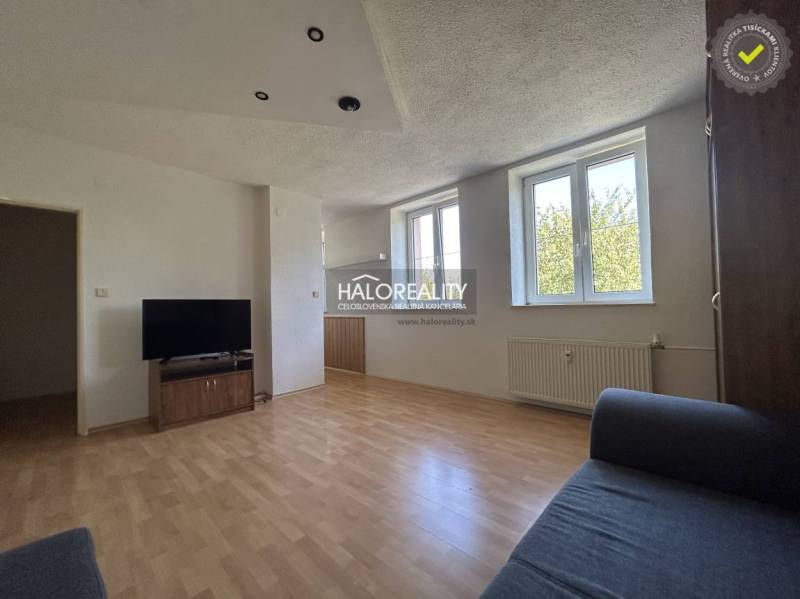 Világos nappali televízióval és kanapéval, egy egyszobás lakás része.