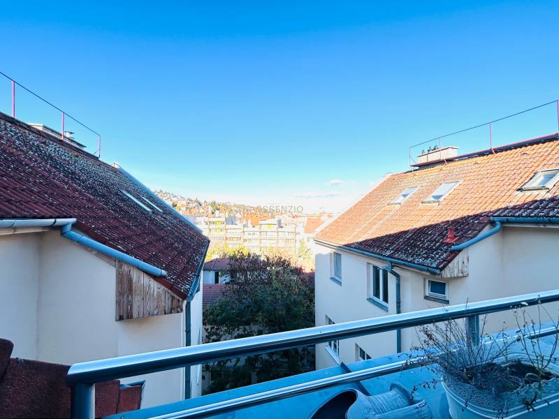 Kilátás az erkélyről a tetőkre és a város egy részére egy kétszobás lakásból.