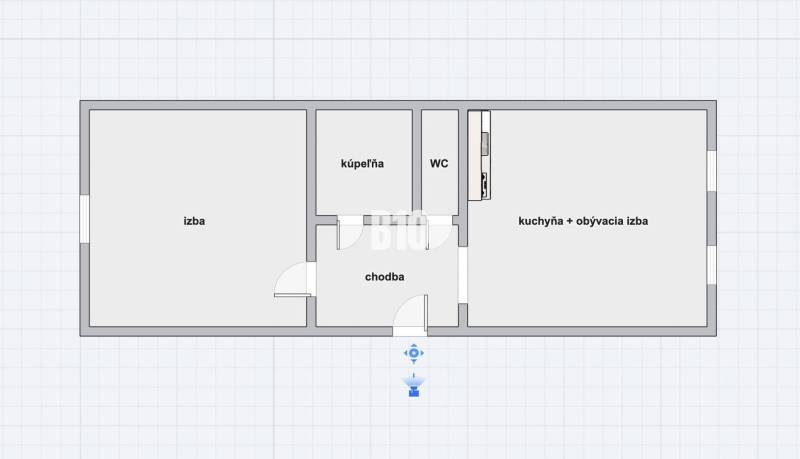 2 szobás lakás alaprajza: szoba, előszoba, fürdőszoba, WC, konyha nappalival.