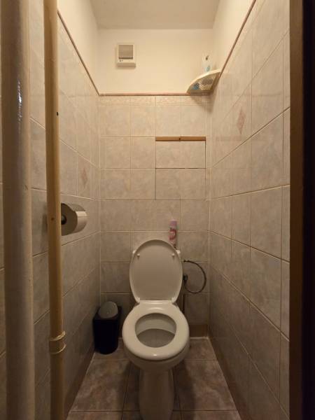 Fürdőszoba WC-vel csempézett falakkal, látható egy kuka és WC-papír.