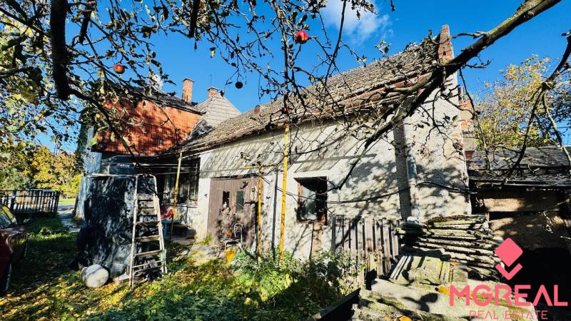 Családi ház Brodzanyban kerttel és gyümölcsfákkal, kék égbolt, napos nap.