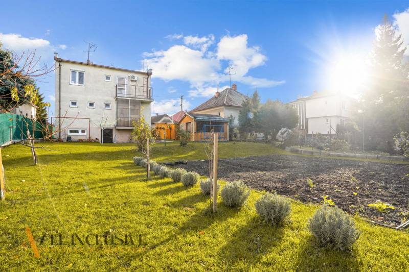 Családi ház kertje Dunaszerdahelyen termesztett bokrokkal és zöldségeskerttel.