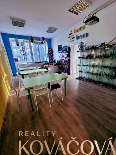 Iroda belső tér fa dekor padlóval és asztalokkal, polcok Brick játékokkal.