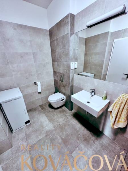 Fürdőszoba WC-vel, mosdóval és mosógéppel az irodákban.