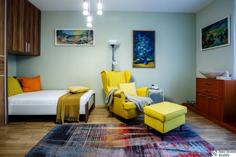 Családi ház szobája fotellel, ággyal, szőnyeggel és dekorációkkal. Fa mintázatú padló.