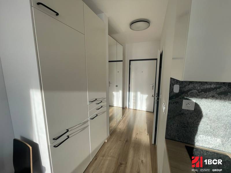 Folyosó egy egyszobás lakásban fehér szekrényekkel és fa dekorációjú padlóval.