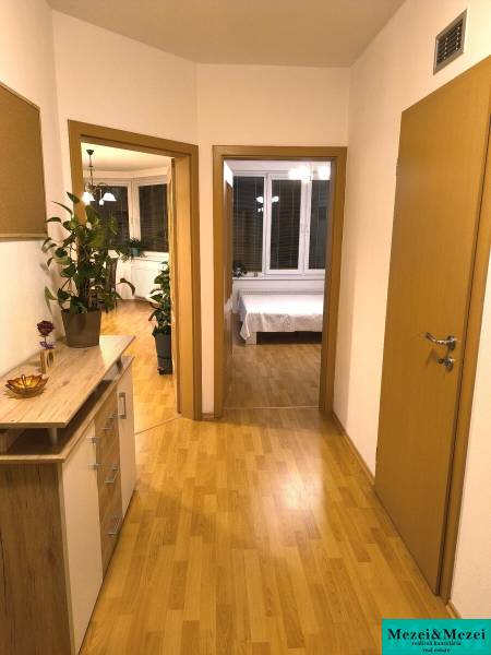 Folyosó egy kétszobás lakásban fa dekorációjú padlóval és növényekkel.