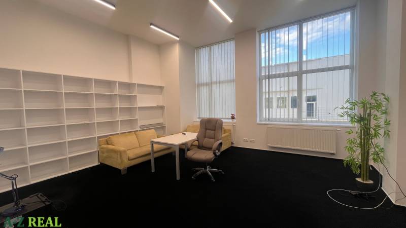 Irodák fekete szőnyeggel, bútorokkal, polcrendszerekkel és nagy ablakokkal.