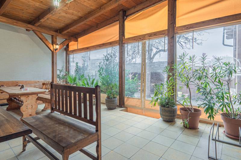 Napos helyiség fából készült ülőalkalmatosságokkal a szállodákban és panziókban, növényekkel körülvéve.