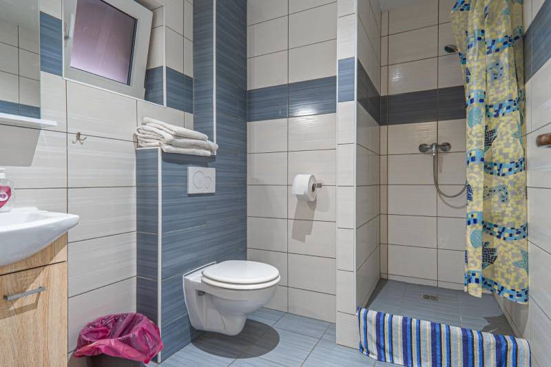 Fürdőszoba szállodákban és panziókban WC-vel, zuhanyzóval és színes csempékkel.