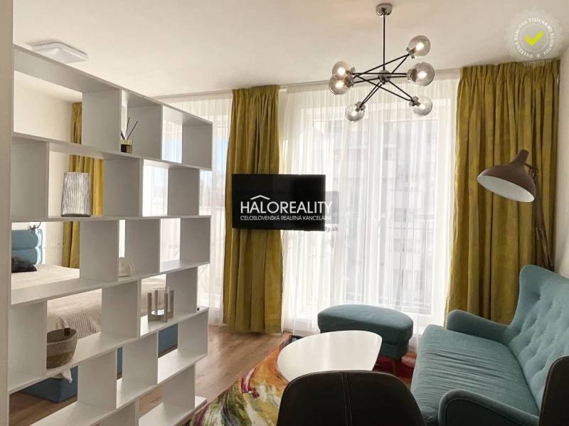 Nappali világos függönyökkel, fa mintázatú padlóval és könyvespolccal egy egyszobás lakásban.