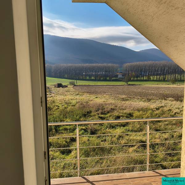 A bukovai családi ház kilátása lenyűgöző erdőket és mezőket kínál a korlát mögött.