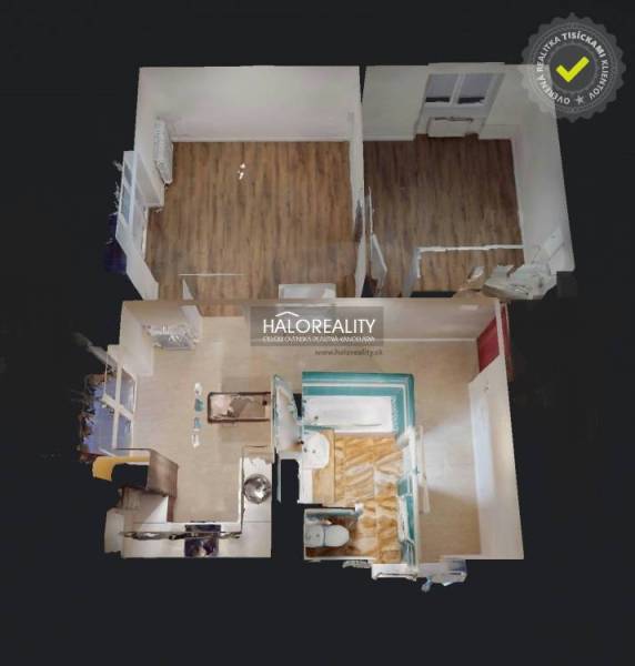 2 szobás lakás alaprajza fa dekoros padlóval és felszerelt fürdőszobával.