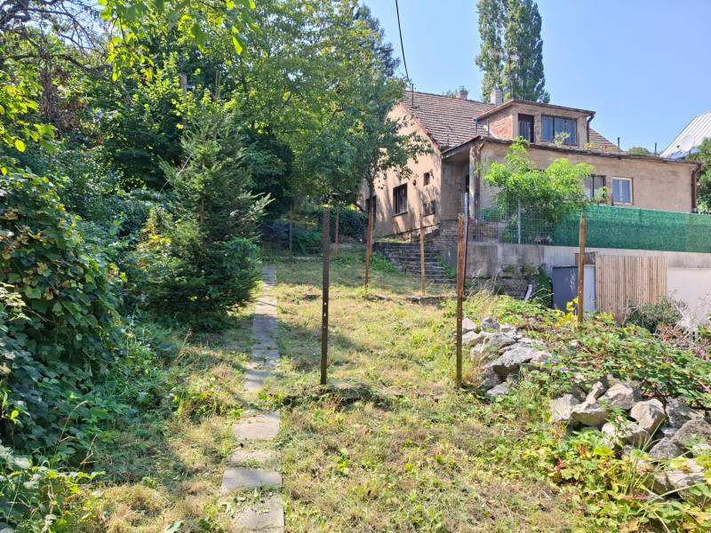 Családi ház a Búdková utcában, Pozsony - Óváros, járdával és fákkal.