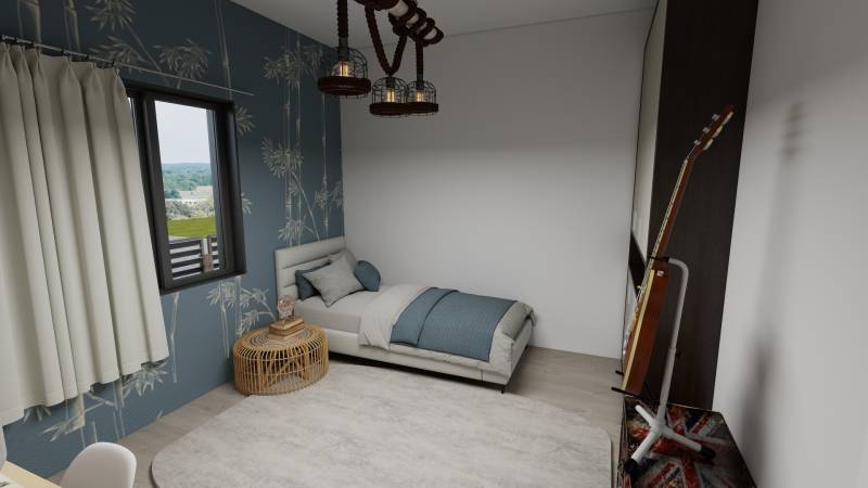 Szoba egy családi házban ággyal, gitárral és kék tapétával.