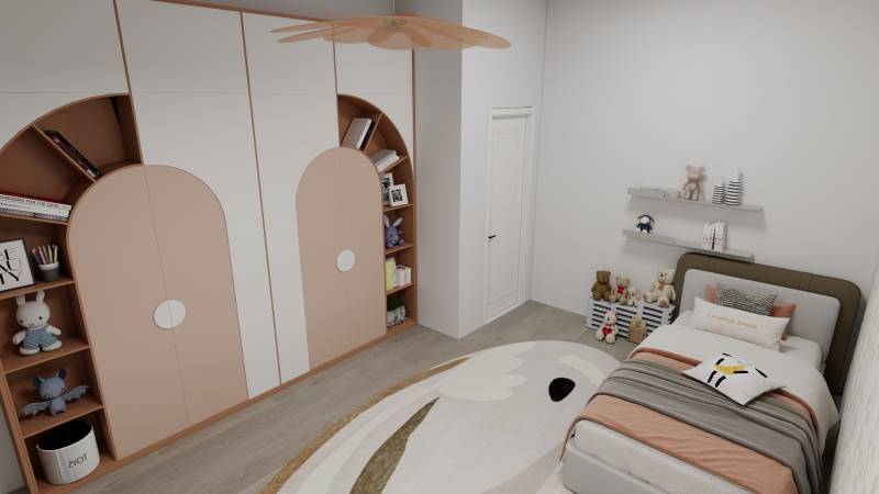 Gyerekszoba családi házban ággyal, szekrényekkel és dekoratív játékokkal, fa dekorációjú padlóval.