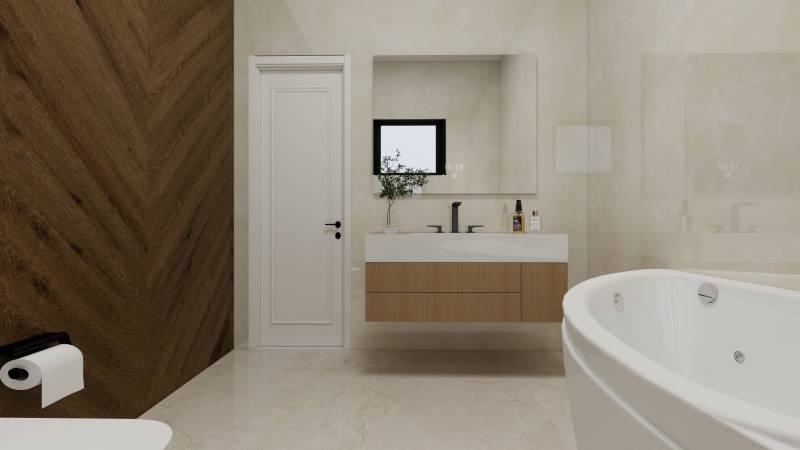 Minimalista fürdőszoba káddal, mosdóval és fa dekorációjú padlóval egy családi házban.