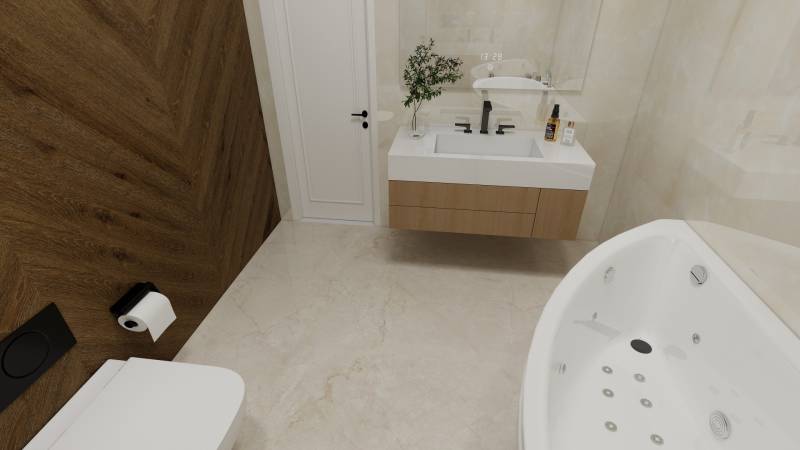 Fürdőszoba családi házban káddal, mosdóval és fa dekoros padlóval.