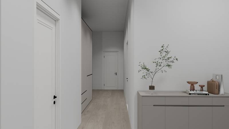 Egy családi ház folyosója fa dekoros padlóval és egyszerű bútorokkal.