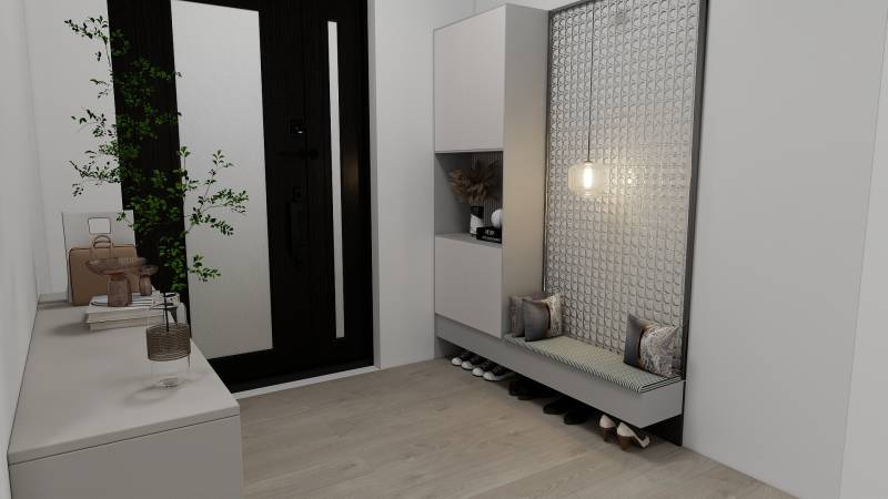 Családi ház belső tere fa mintázatú padlóval, előszoba ülőhellyel és tárolóhellyel.