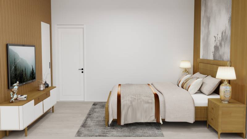 Hálószoba fa dekor padlóval, ággyal és televízióval a családi házban.