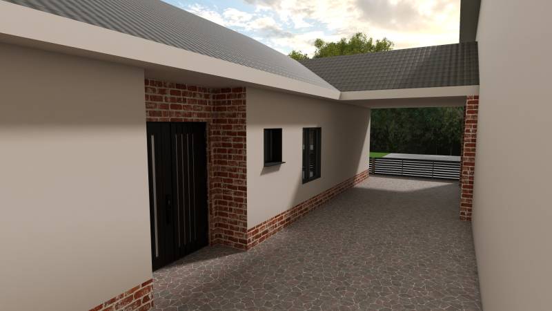 Családi ház Cíferen üvegezett ablakokkal és tégladekorációs falakkal.