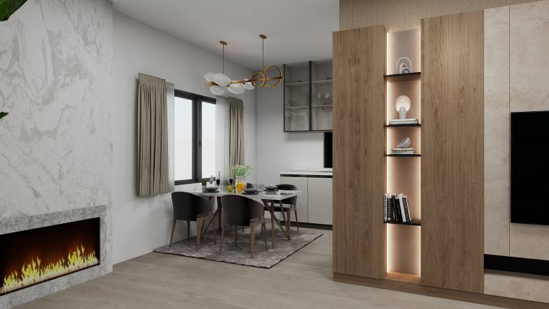 Családi ház fa mintás padlóval, kandallóval és étkezőasztallal.