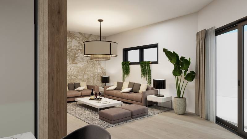 Nappali egy családi házban kényelmes kanapéval és fa dekorációjú padlóval.